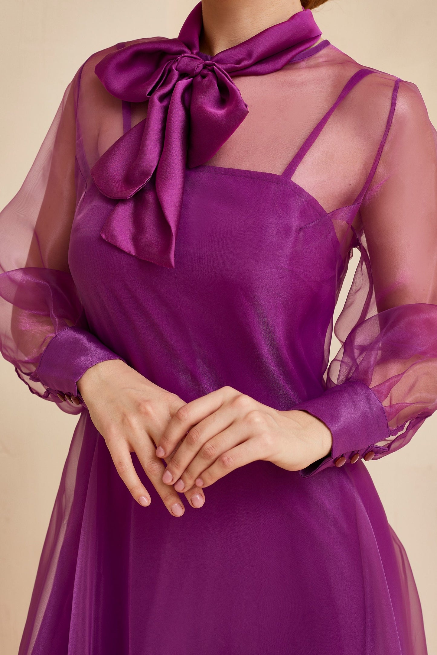 Organza fit and flare long purple dress with long sleeves and bow neck, Bridesmaid dress, Prom dress, Sheer gown, Alternative Wedding dress