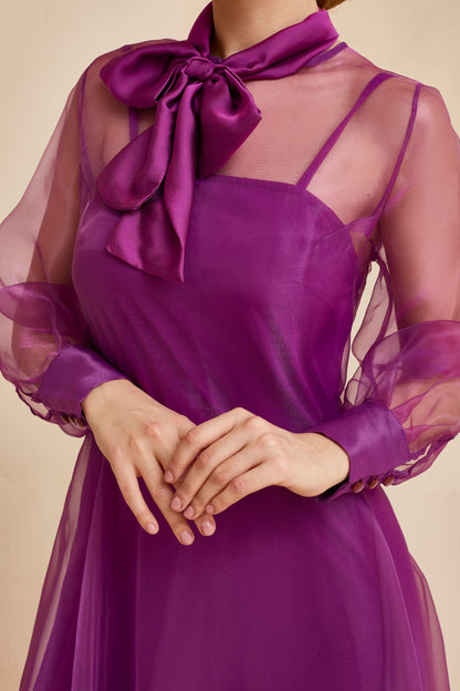 Organza fit and flare long purple dress with long sleeves and bow neck, Bridesmaid dress, Prom dress, Sheer gown, Alternative Wedding dress