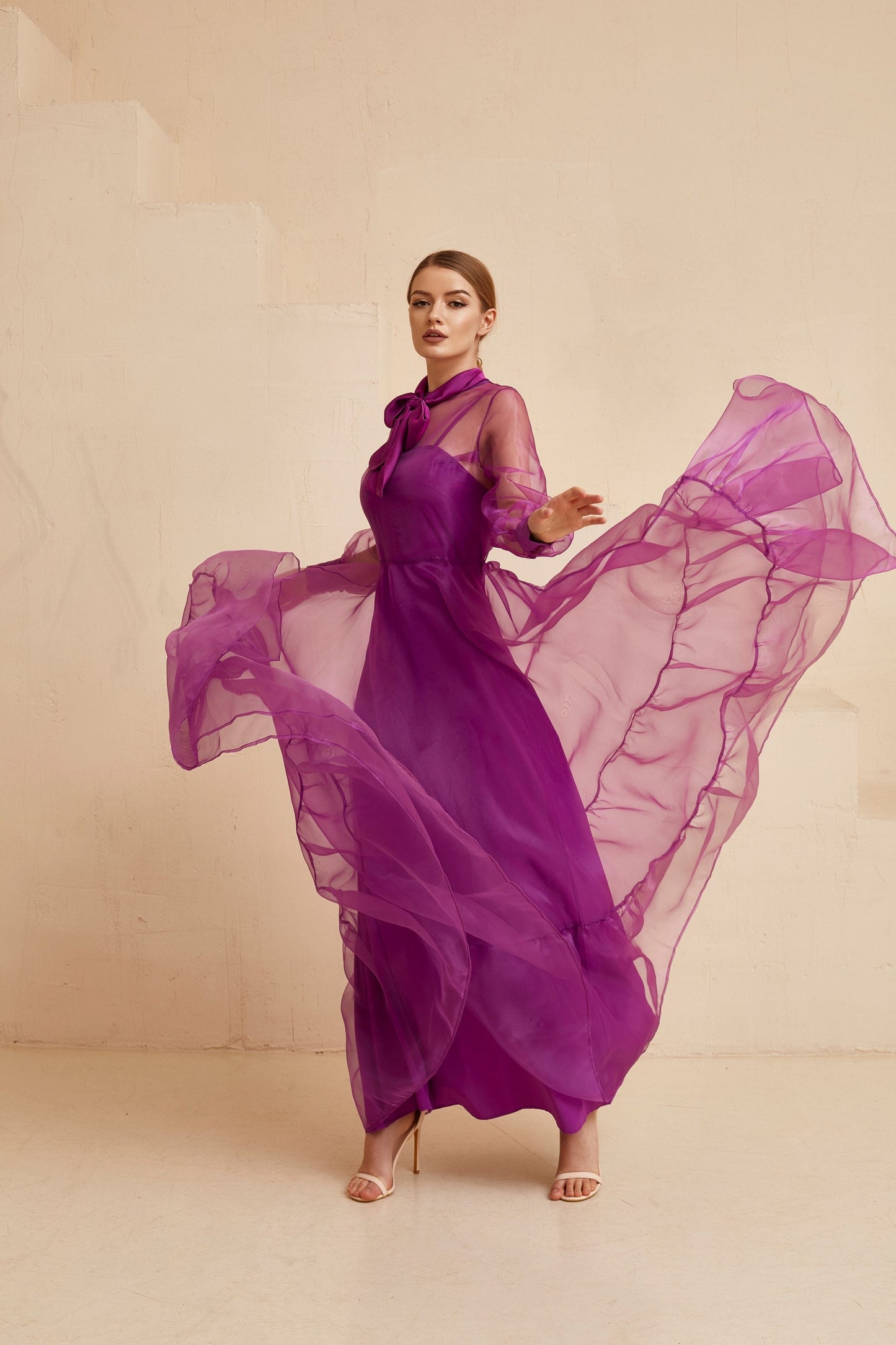 Organza fit and flare long purple dress with long sleeves and bow neck, Bridesmaid dress, Prom dress, Sheer gown, Alternative Wedding dress