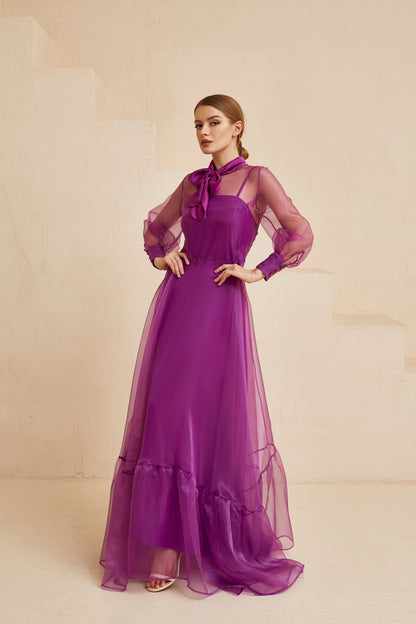 Organza fit and flare long purple dress with long sleeves and bow neck, Bridesmaid dress, Prom dress, Sheer gown, Alternative Wedding dress