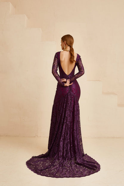 Purple wedding dress with long sleeves and open back, long train dress, evening gown with open back, bridesmaid dress, wedding guest outfit