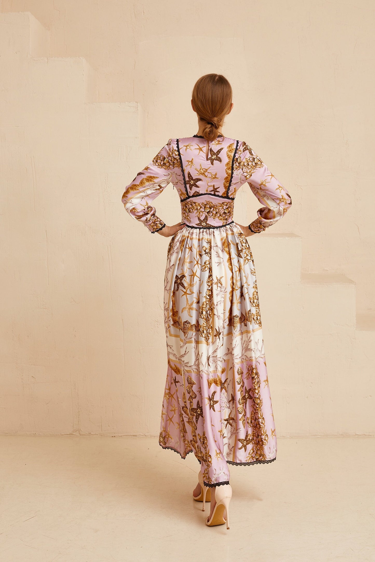 Wedding guest dress, Sea shells  print pink gown with long sleeves, Bridesmaid dress, Bohemian wedding dress, Pink summer gown, Floral gown