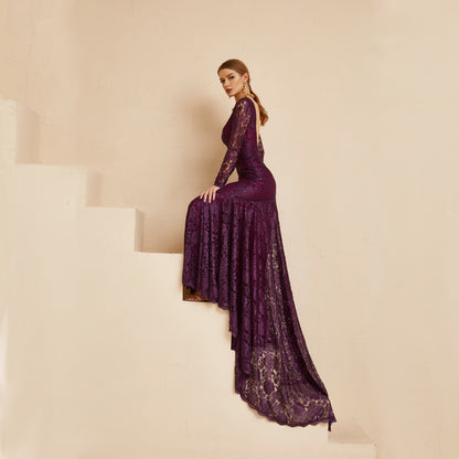 Lace gown purple colour, with long sleeves and open back, mermaid silhouette, long back train. Perfect as alternative wedding dress, as wedding guest outfit or prom gown. The dress made from purple lace and has matching lining.