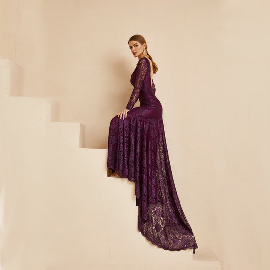 Lace gown purple colour, with long sleeves and open back, mermaid silhouette, long back train. Perfect as alternative wedding dress, as wedding guest outfit or prom gown. The dress made from purple lace and has matching lining.