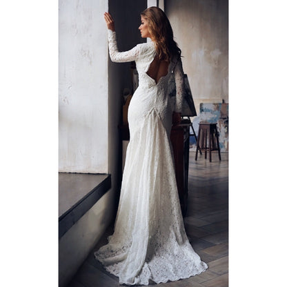 Open back wedding dress with long sleeves and train, Couture wedding dress long  sleeves, Mermaid bohemian wedding gown, Classy wedding gown