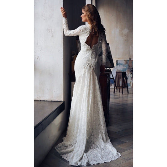 Open back wedding dress with long sleeves and train, Couture wedding dress long  sleeves, Mermaid bohemian wedding gown, Classy wedding gown
