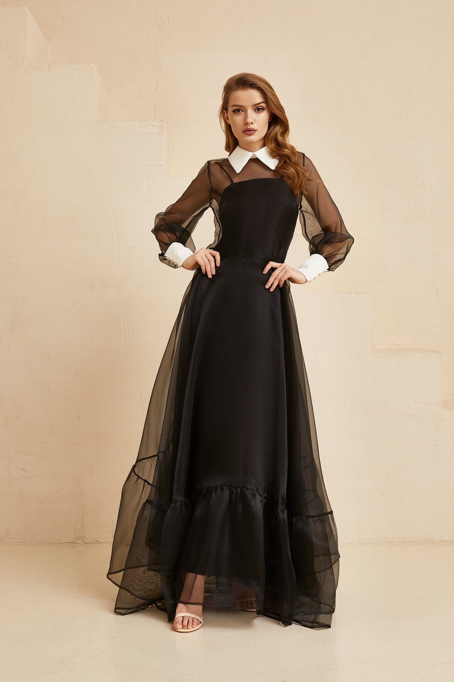 Bohemian Bridesmaid Romantic Gown With Sleeves, Black Wedding Floor Length Cocktail Dress, Black Organza gown