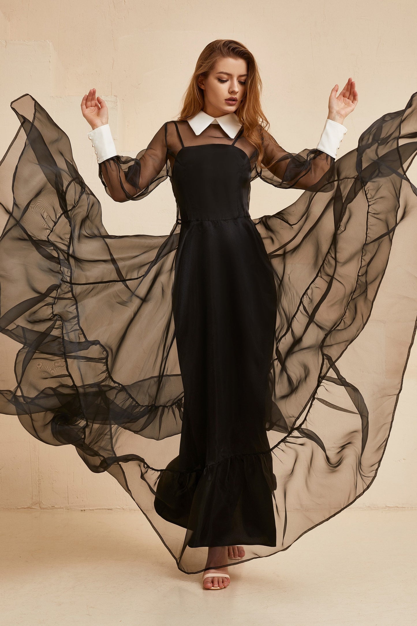 Bohemian Bridesmaid Romantic Gown With Sleeves, Black Wedding Floor Length Cocktail Dress, Black Organza gown