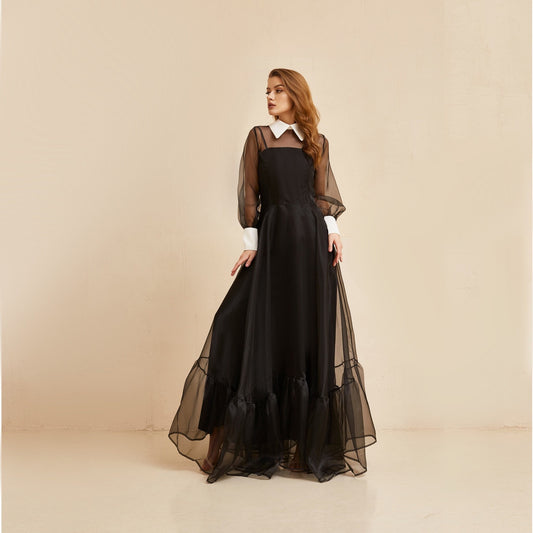 Bohemian Bridesmaid Romantic Gown With Sleeves, Black Wedding Floor Length Cocktail Dress, Black Organza gown