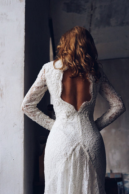 Open back wedding dress with long sleeves and train, Couture wedding dress long  sleeves, Mermaid bohemian wedding gown, Classy wedding gown