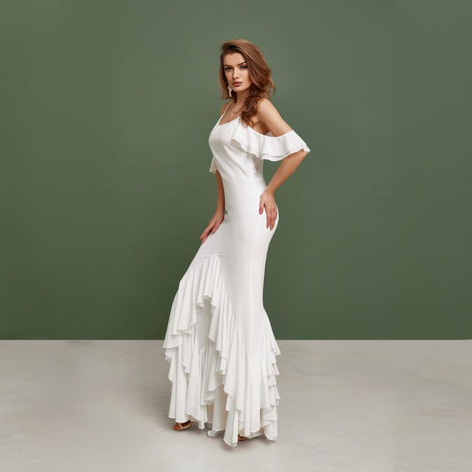 beach wedding pinafore made from white chiffon, with ruffles and floor length skirt.