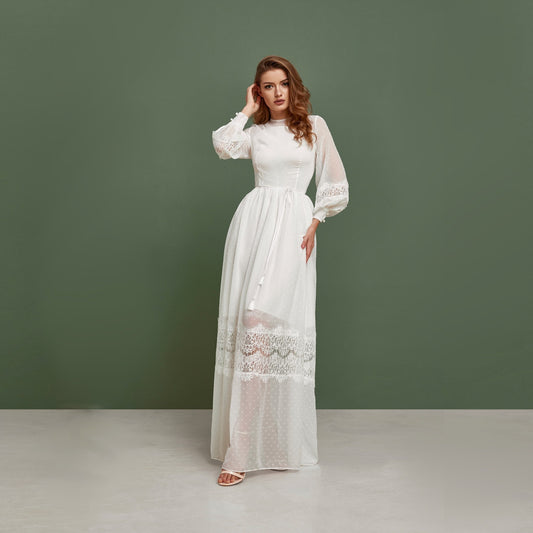 Modest wedding dress for bohemian bride.
Made from white polka dot chiffon. Set of two dress. It has a natural waistline and long sleeves, decorated with lace. 
The dress has a thin belt.
