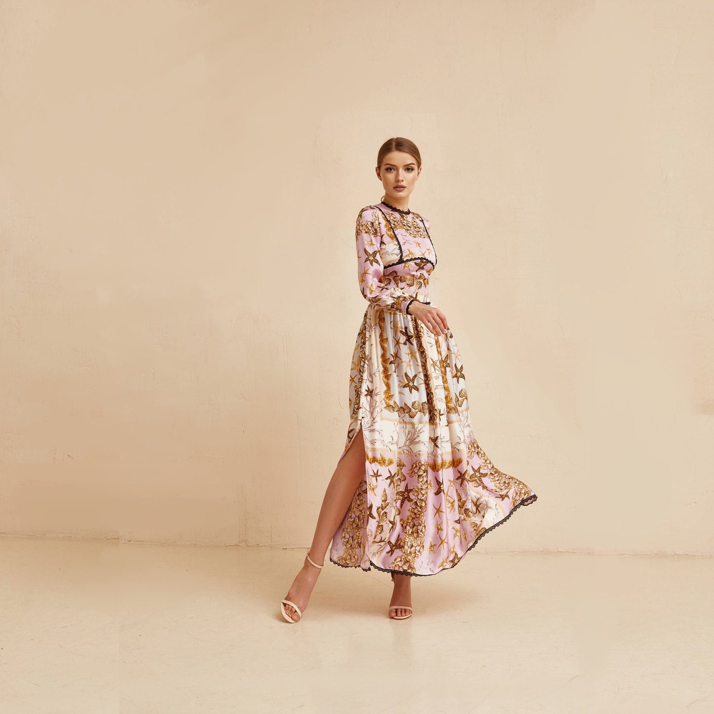 Wedding guest dress, Sea shells  print pink gown with long sleeves, Bridesmaid dress, Bohemian wedding dress, Pink summer gown, Floral gown
