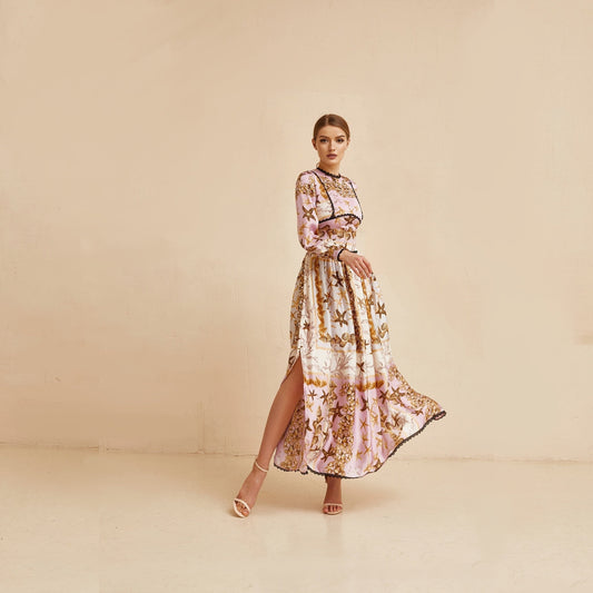 Wedding guest dress, Sea shells  print pink gown with long sleeves, Bridesmaid dress, Bohemian wedding dress, Pink summer gown, Floral gown
