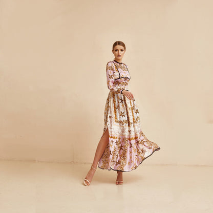 Wedding guest dress, Sea shells  print pink gown with long sleeves, Bridesmaid dress, Bohemian wedding dress, Pink summer gown, Floral gown