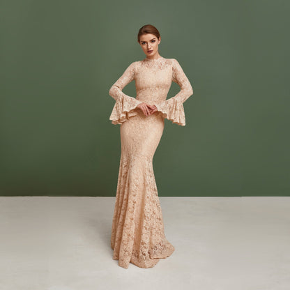 Beige bridesmaid dress with long bell sleeves an fishtail. Made from thick pastel lace. Perfect as a homecoming, prom and  wedding guest dress.