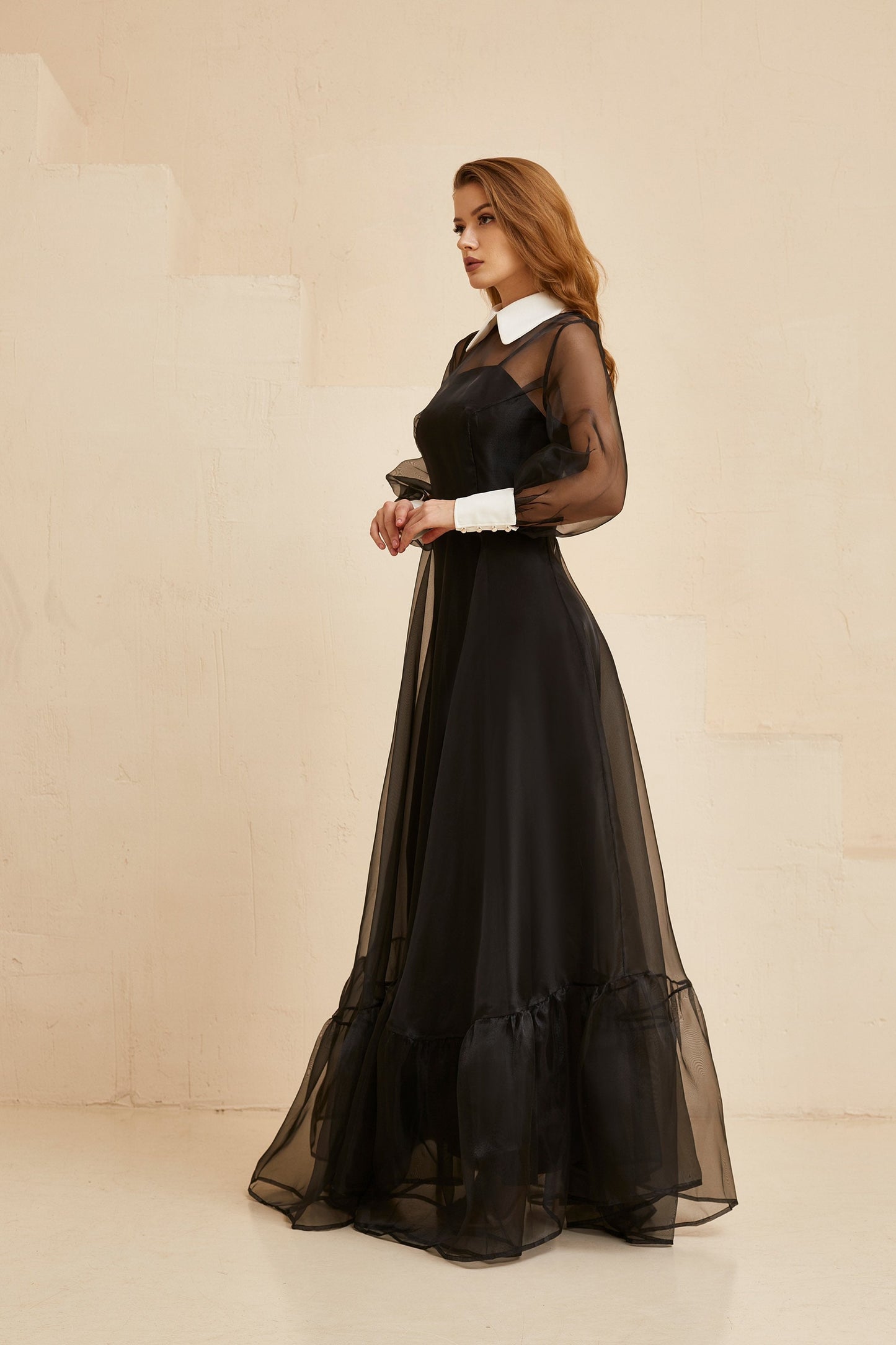 Bohemian Bridesmaid Romantic Gown With Sleeves, Black Wedding Floor Length Cocktail Dress, Black Organza gown