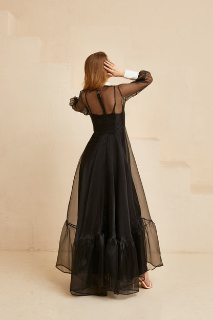 Bohemian Bridesmaid Romantic Gown With Sleeves, Black Wedding Floor Length Cocktail Dress, Black Organza gown