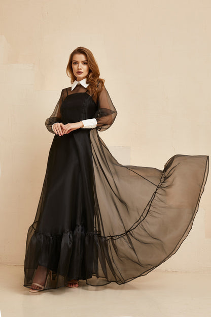 Bohemian Bridesmaid Romantic Gown With Sleeves, Black Wedding Floor Length Cocktail Dress, Black Organza gown