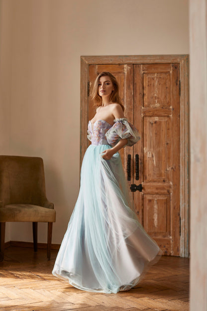 Liliac wedding dress with detachable sleeves, floral prom dress with tulle skirt, bridesmaid dress, summer gown, wedding guest dress