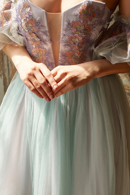 Liliac wedding dress with detachable sleeves, floral prom dress with tulle skirt, bridesmaid dress, summer gown, wedding guest dress