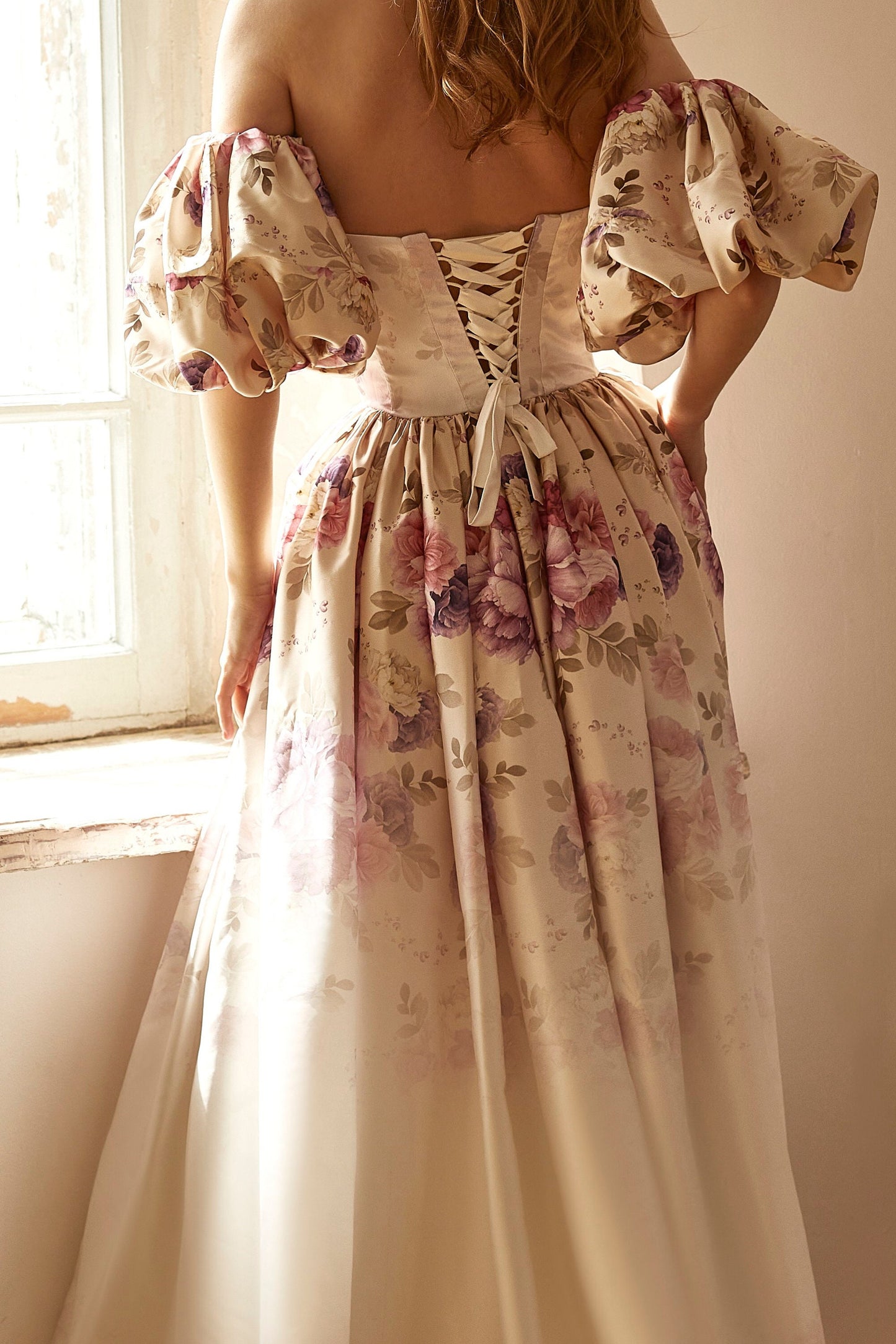 Alternative bride dress, Floral evening gown, Beige prom dress with detachable sleeves, bohemian wedding dress, summer gown, Homecoming gown