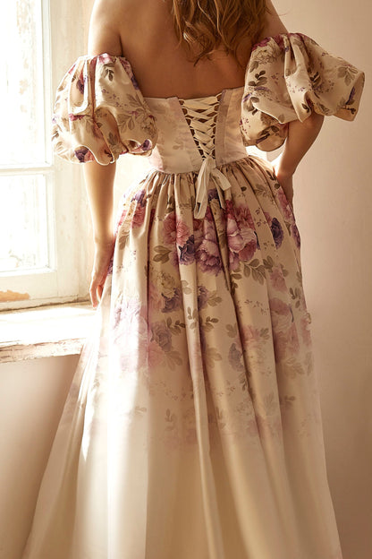 Alternative bride dress, Floral evening gown, Beige prom dress with detachable sleeves, bohemian wedding dress, summer gown, Homecoming gown