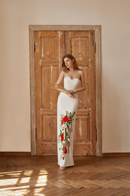 Simple wedding dress with pencil skirt and floral print , corset wedding dress, Bohemian wedding gown, Wedding dress with side split
