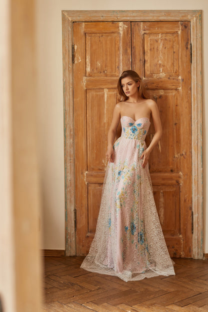 Bohemian wedding dress, floral wedding gown, alternative bride dress, pink wedding dress, pink prom dress, summer evening gown, corset dress