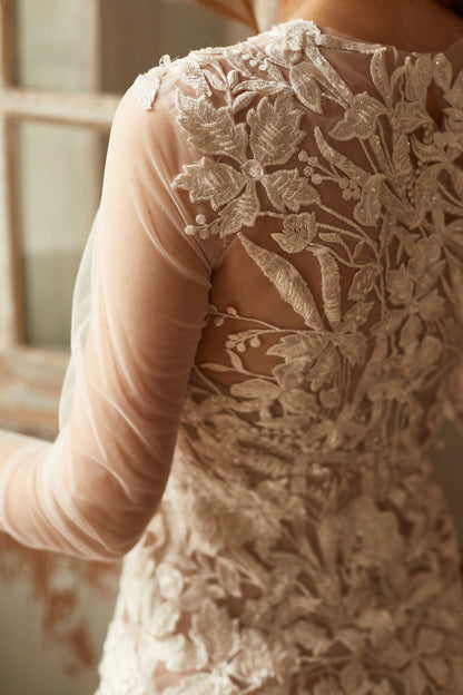 Floral wedding gown, tulle wedding dress, couture wedding dress, sheer wedding dress, bohemian bride wedding dress, bridal gown