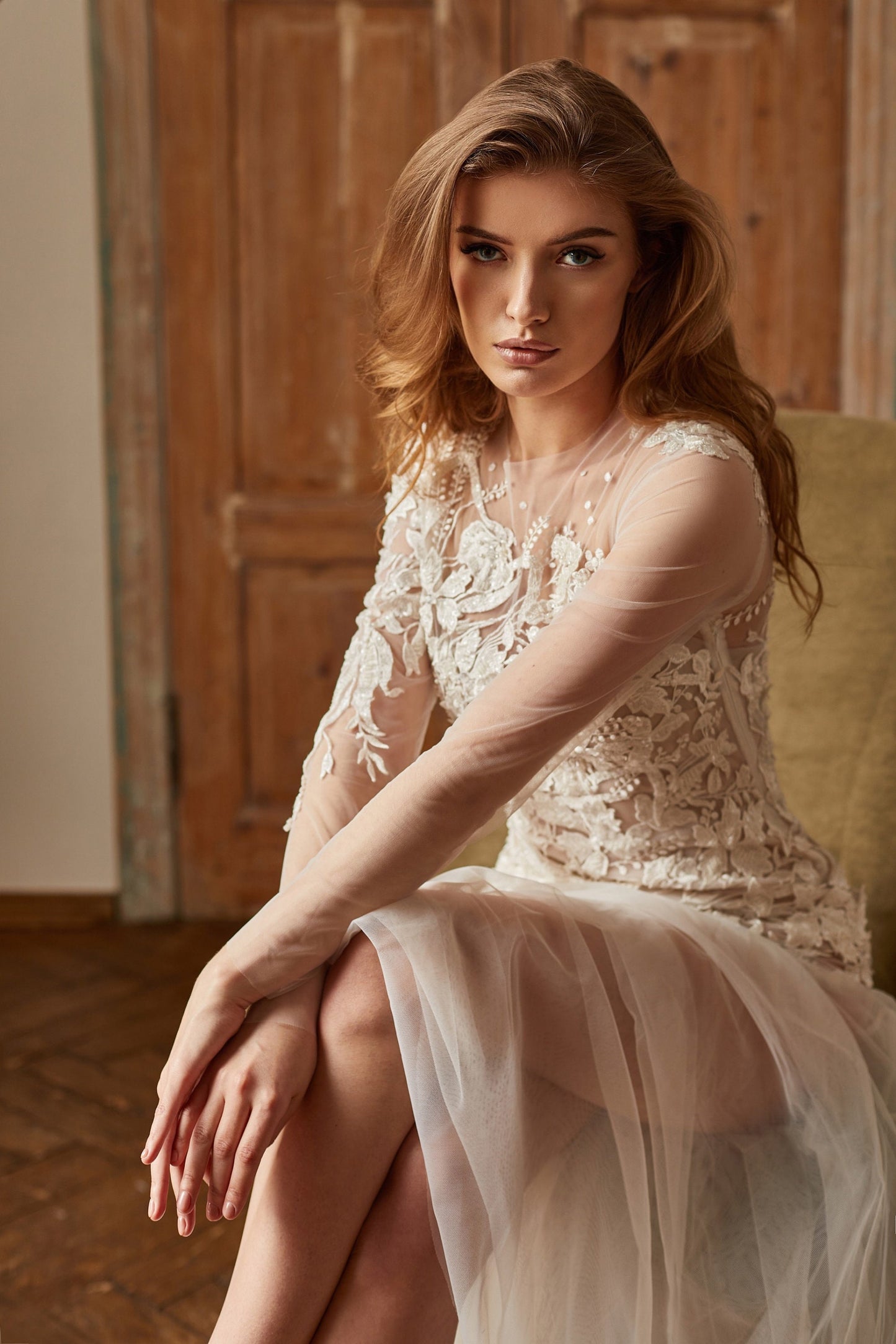 Floral wedding gown, tulle wedding dress, couture wedding dress, sheer wedding dress, bohemian bride wedding dress, bridal gown