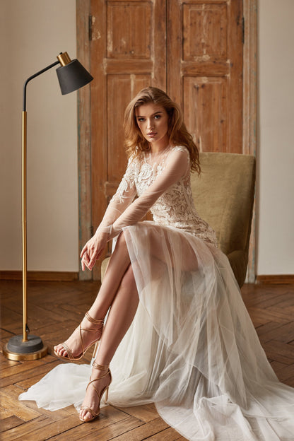 Floral wedding gown, tulle wedding dress, couture wedding dress, sheer wedding dress, bohemian bride wedding dress, bridal gown