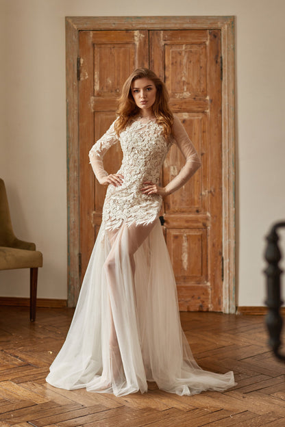 Floral wedding gown, tulle wedding dress, couture wedding dress, sheer wedding dress, bohemian bride wedding dress, bridal gown