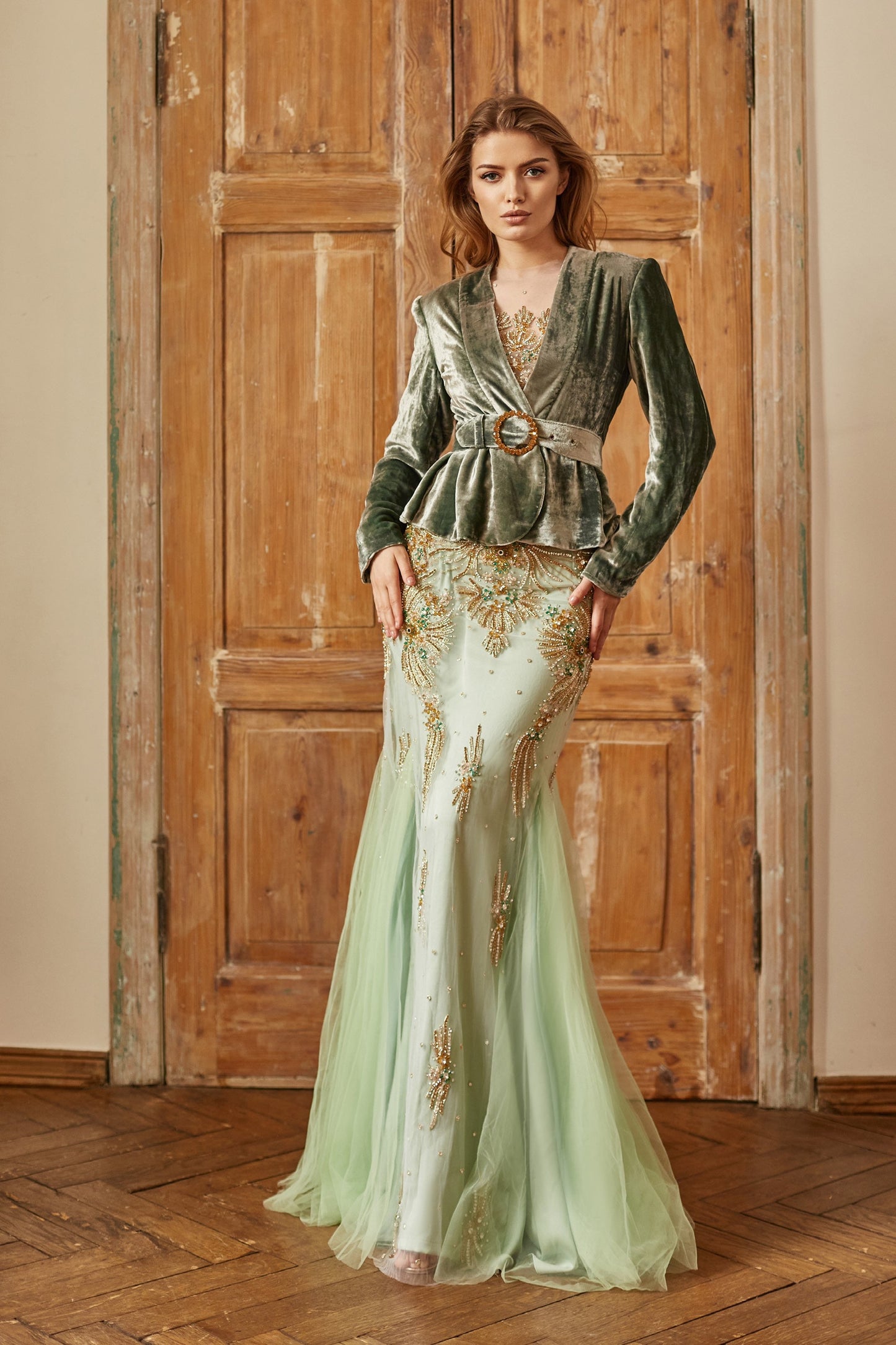 Emerald  wedding dress with long sleeves, couture evening gown, mermaid silhouette homecoming gown, heavy beaded prom dress, queen gown