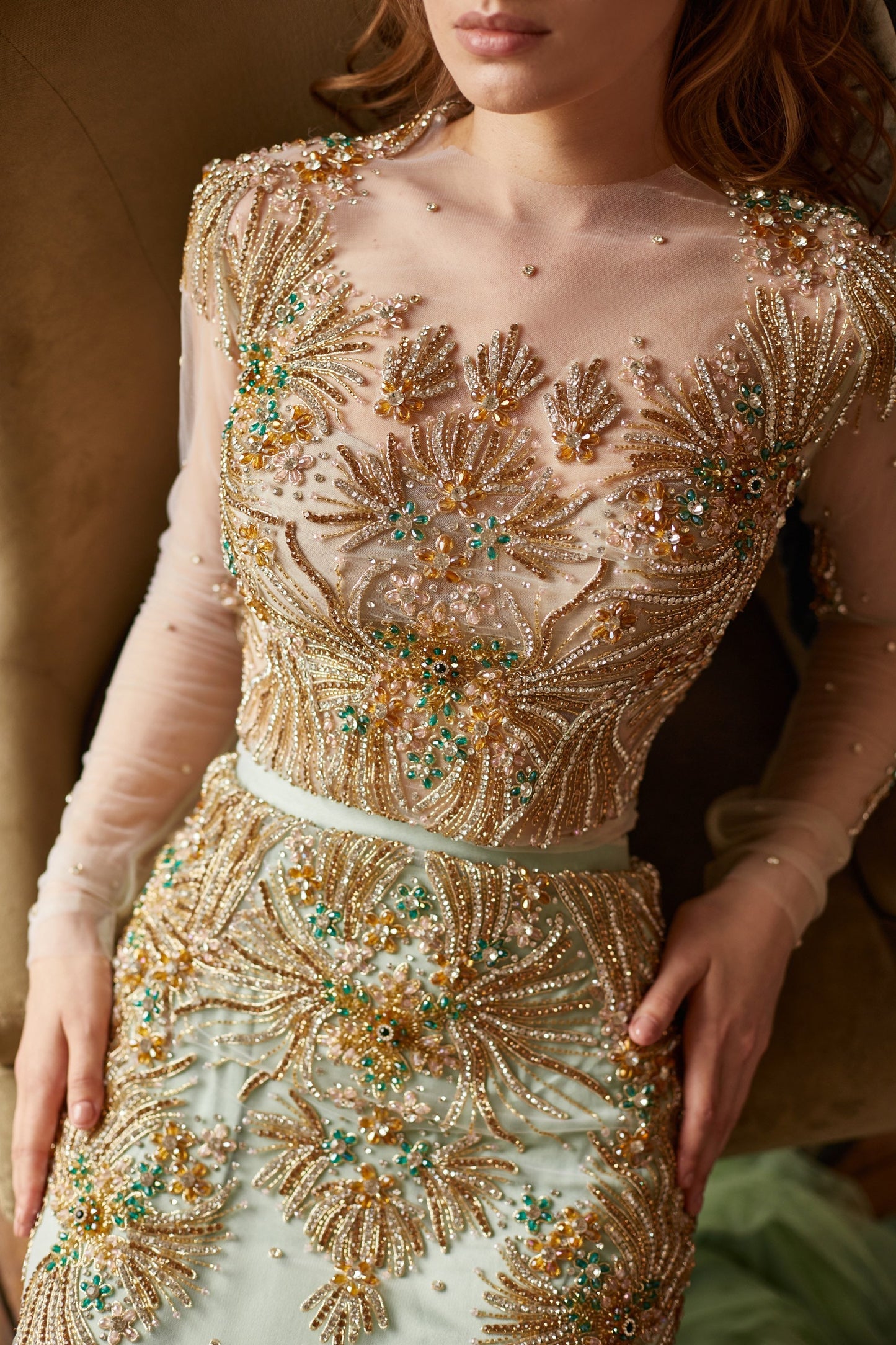 Emerald  wedding dress with long sleeves, couture evening gown, mermaid silhouette homecoming gown, heavy beaded prom dress, queen gown