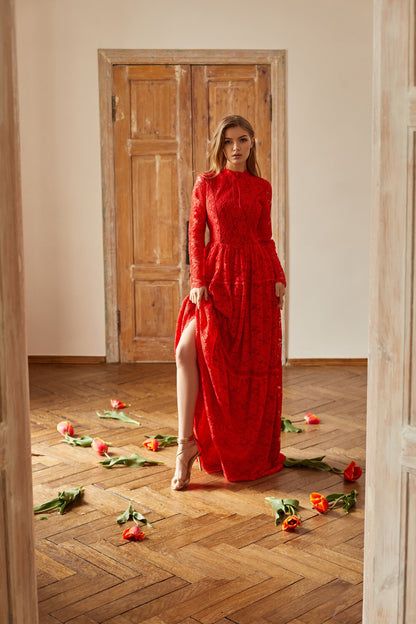 Boho Wedding Floor Length Romantic Dress / Red Bridesmaid Long Sleeve Evening Lace Dress / Floral Prom Couture Fit And Flare Cocktail Dress