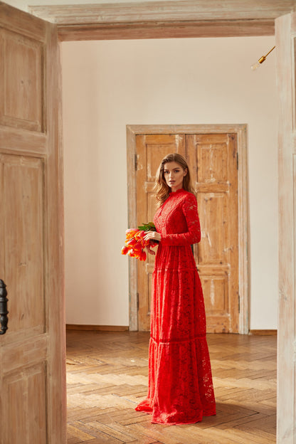 Boho Wedding Floor Length Romantic Dress / Red Bridesmaid Long Sleeve Evening Lace Dress / Floral Prom Couture Fit And Flare Cocktail Dress