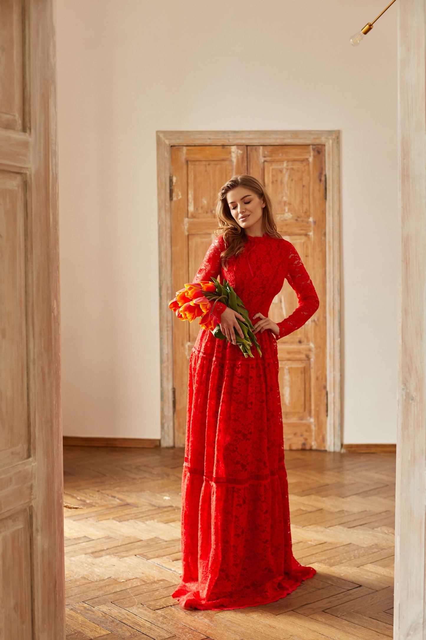 Boho Wedding Floor Length Romantic Dress / Red Bridesmaid Long Sleeve Evening Lace Dress / Floral Prom Couture Fit And Flare Cocktail Dress