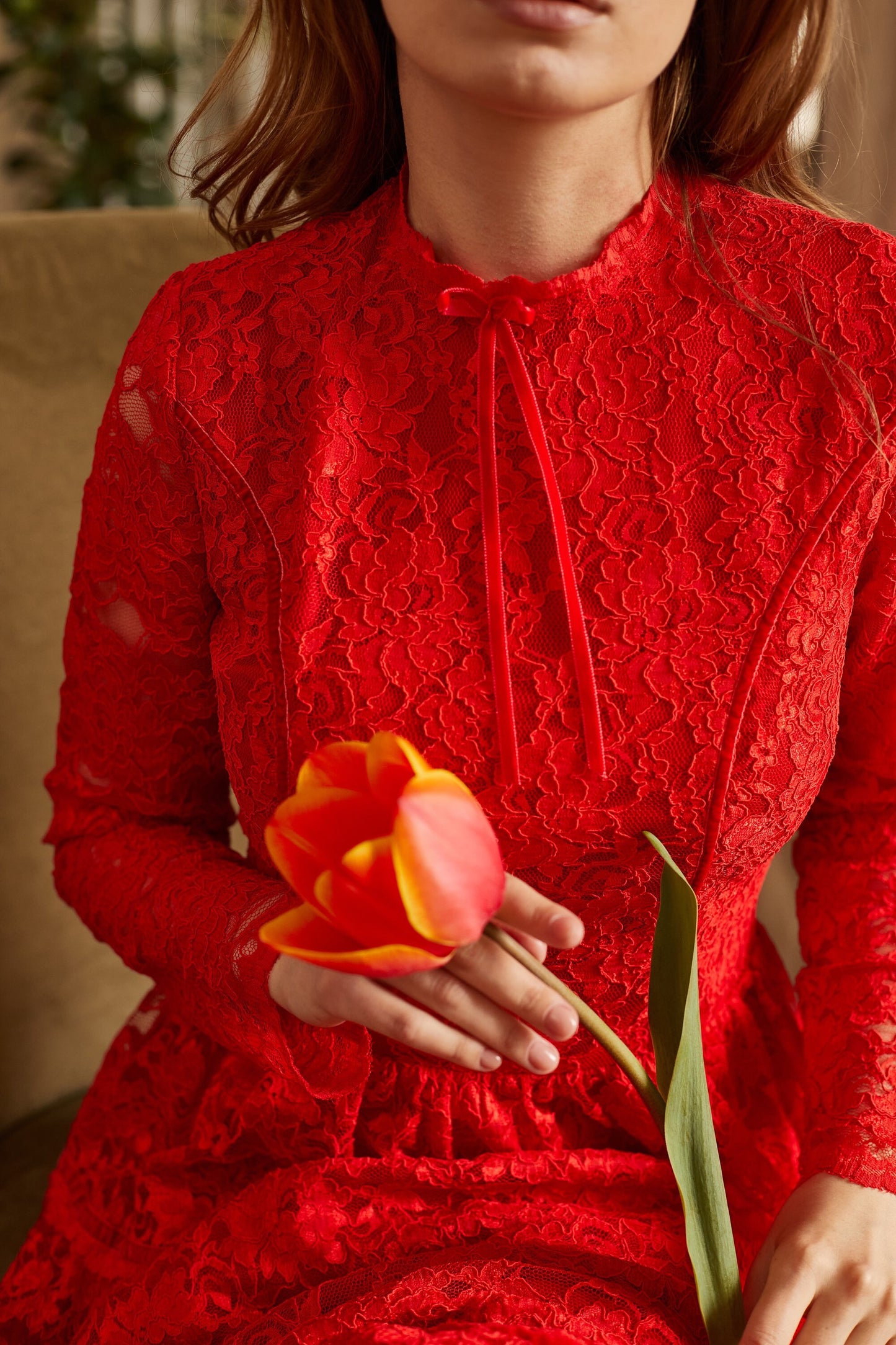 Boho Wedding Floor Length Romantic Dress / Red Bridesmaid Long Sleeve Evening Lace Dress / Floral Prom Couture Fit And Flare Cocktail Dress