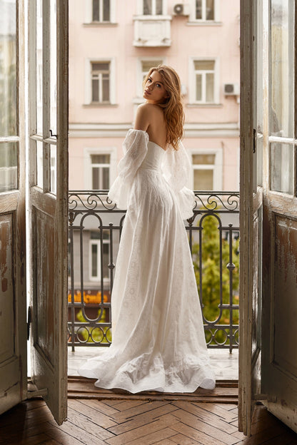 Bohemian wedding dress with detachable sleeves and floor length skirt with ruffles, Rustic wedding dress, country wedding dress
