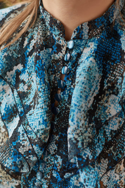 Snake print summer gown with long sleeves and ruffled skirt