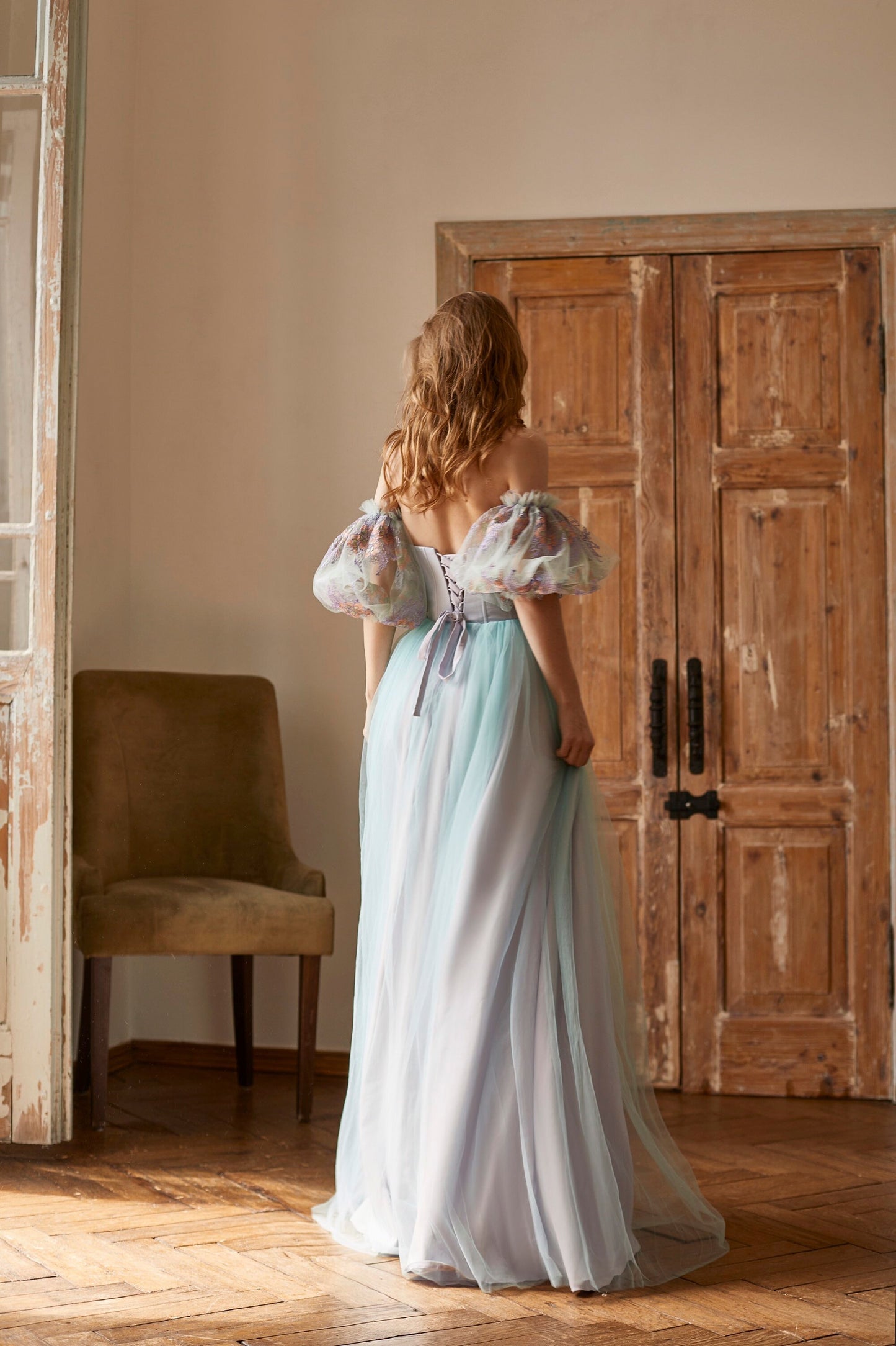 Liliac wedding dress with detachable sleeves, floral prom dress with tulle skirt, bridesmaid dress, summer gown, wedding guest dress