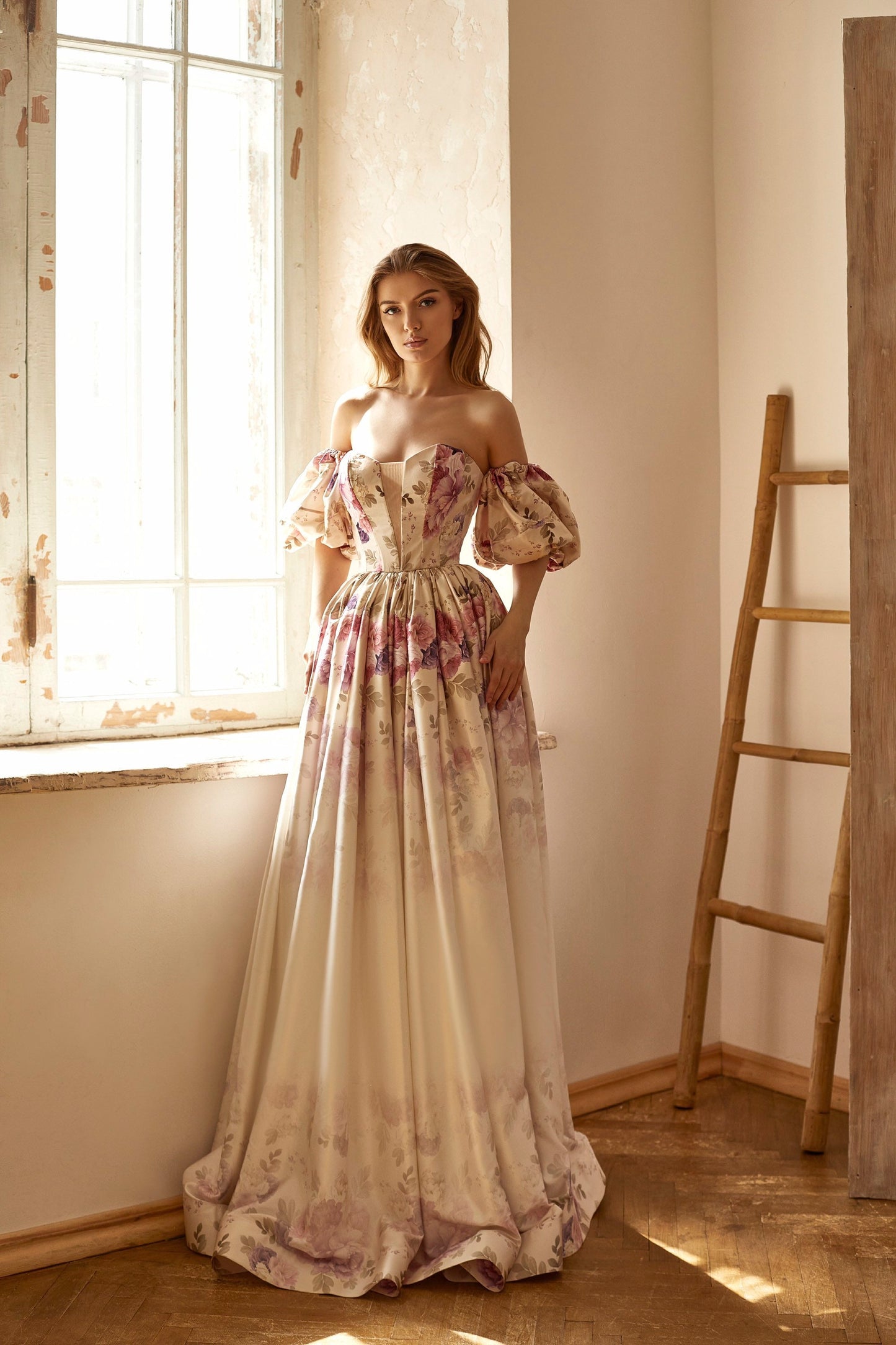 Alternative bride dress, Floral evening gown, Beige prom dress with detachable sleeves, bohemian wedding dress, summer gown, Homecoming gown