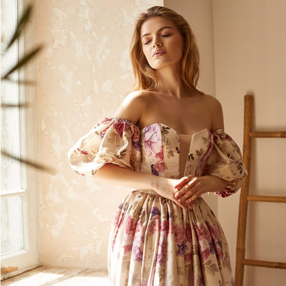 Alternative bride dress, Floral evening gown, Beige prom dress with detachable sleeves, bohemian wedding dress, summer gown, Homecoming gown