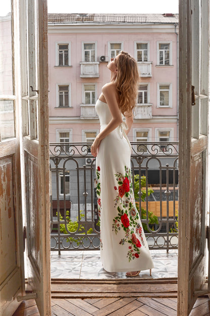 Simple wedding dress with pencil skirt and floral print , corset wedding dress, Bohemian wedding gown, Wedding dress with side split