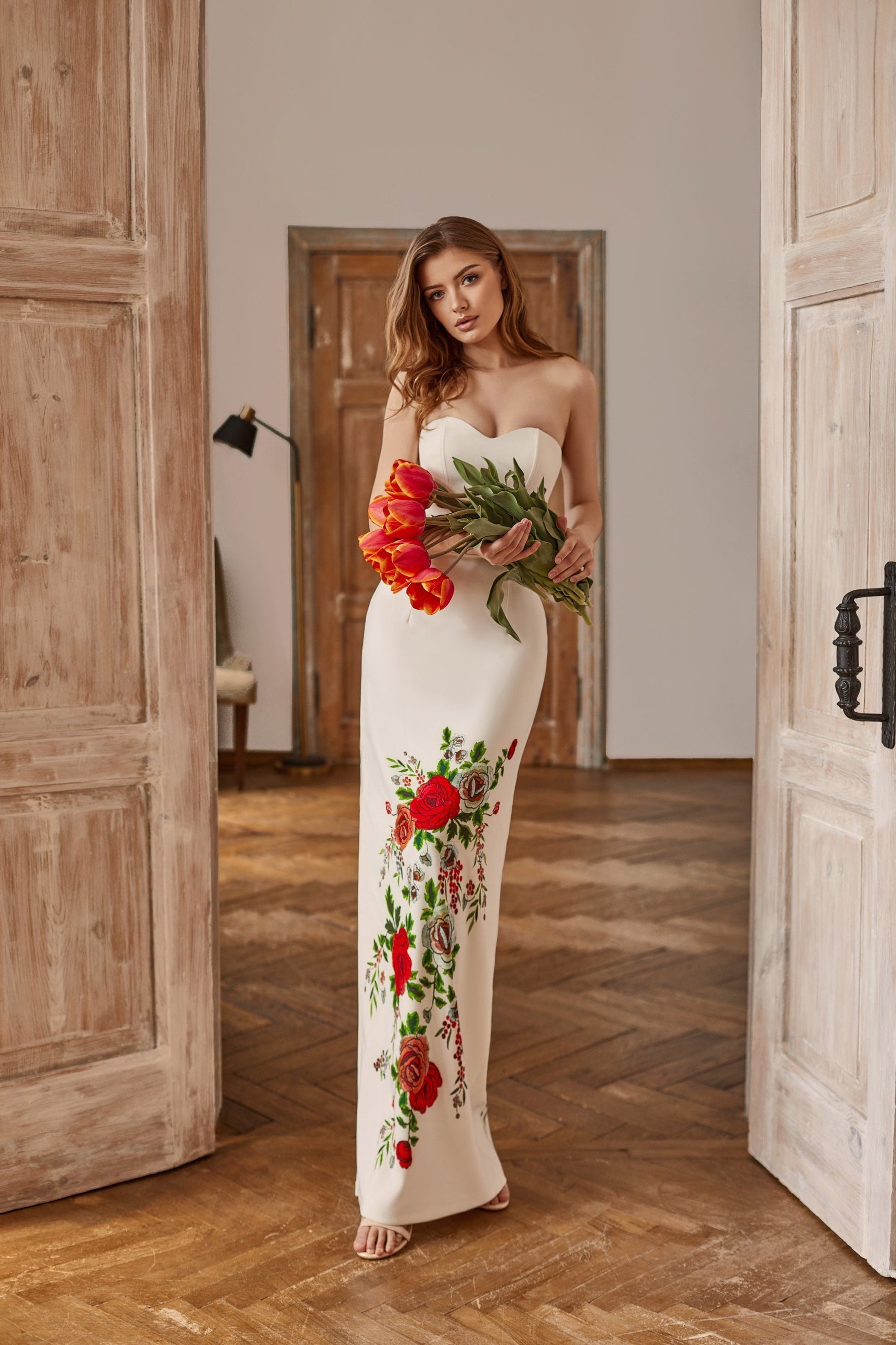 Simple wedding dress with pencil skirt and floral print , corset wedding dress, Bohemian wedding gown, Wedding dress with side split