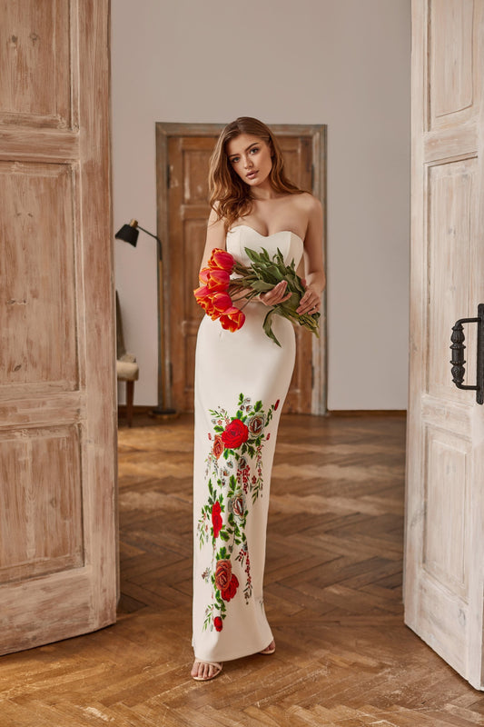 Simple wedding dress with pencil skirt and floral print , corset wedding dress, Bohemian wedding gown, Wedding dress with side split