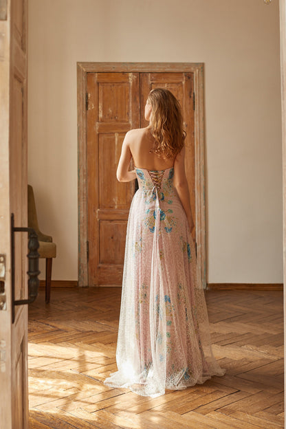 Bohemian wedding dress, floral wedding gown, alternative bride dress, pink wedding dress, pink prom dress, summer evening gown, corset dress