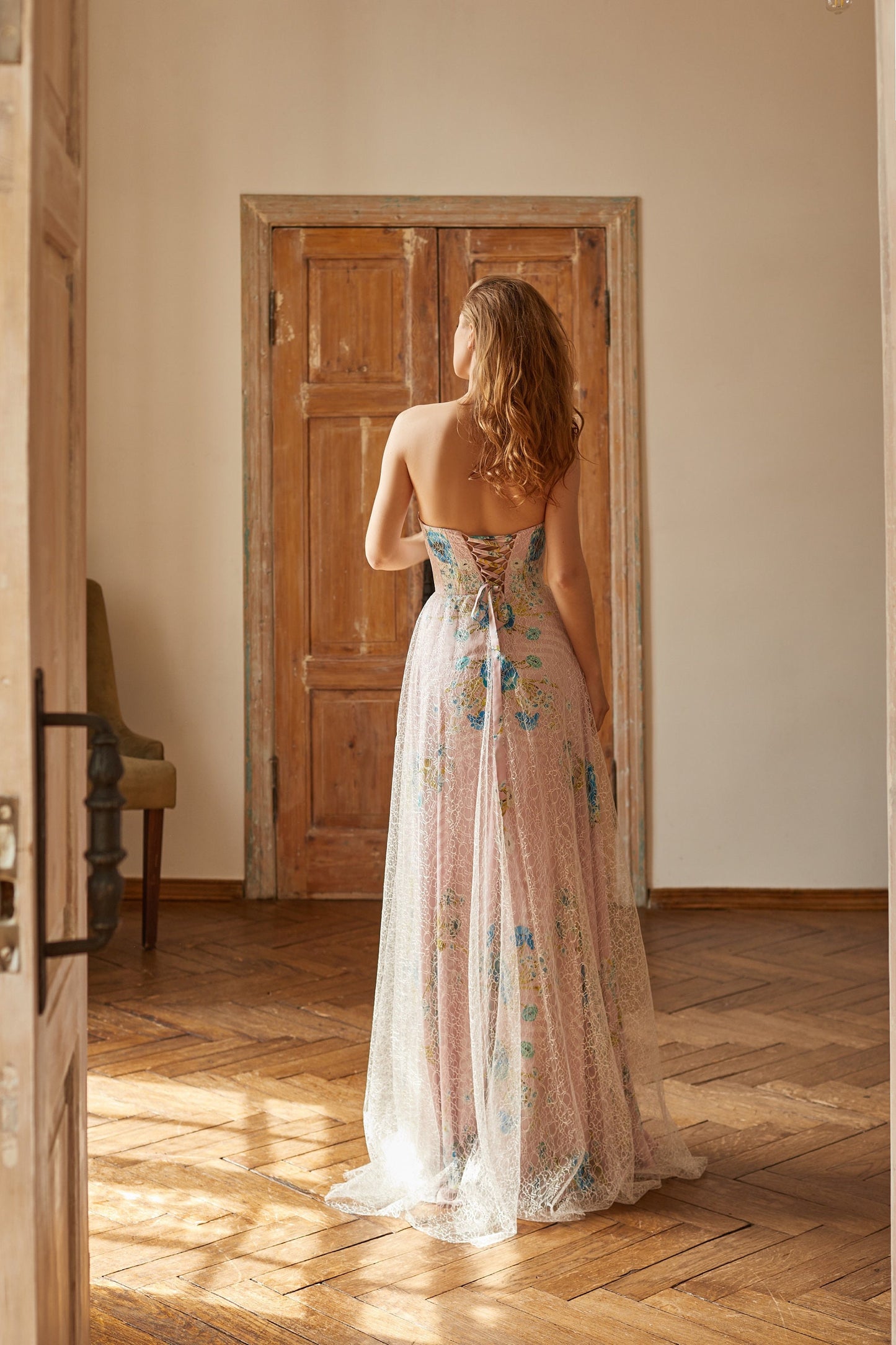 Bohemian wedding dress, floral wedding gown, alternative bride dress, pink wedding dress, pink prom dress, summer evening gown, corset dress