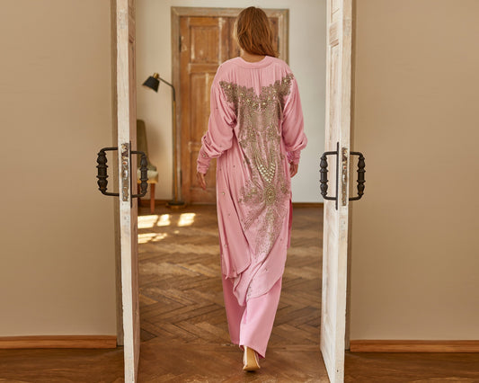 Pink velvet kimono, embroidered abaya, velvet kaftan, cape, cover, opera cloak